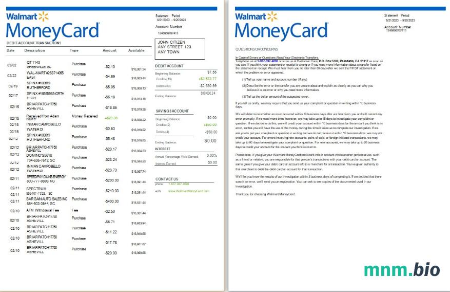 Wyciąg bankowy USA Walmart MoneyCard 3 strony